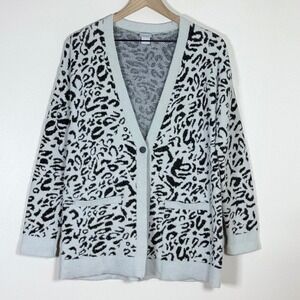 Chicos Women Animal Print Cardigan Sweater Size 1 US Med Gray Black Fuzzy Knit